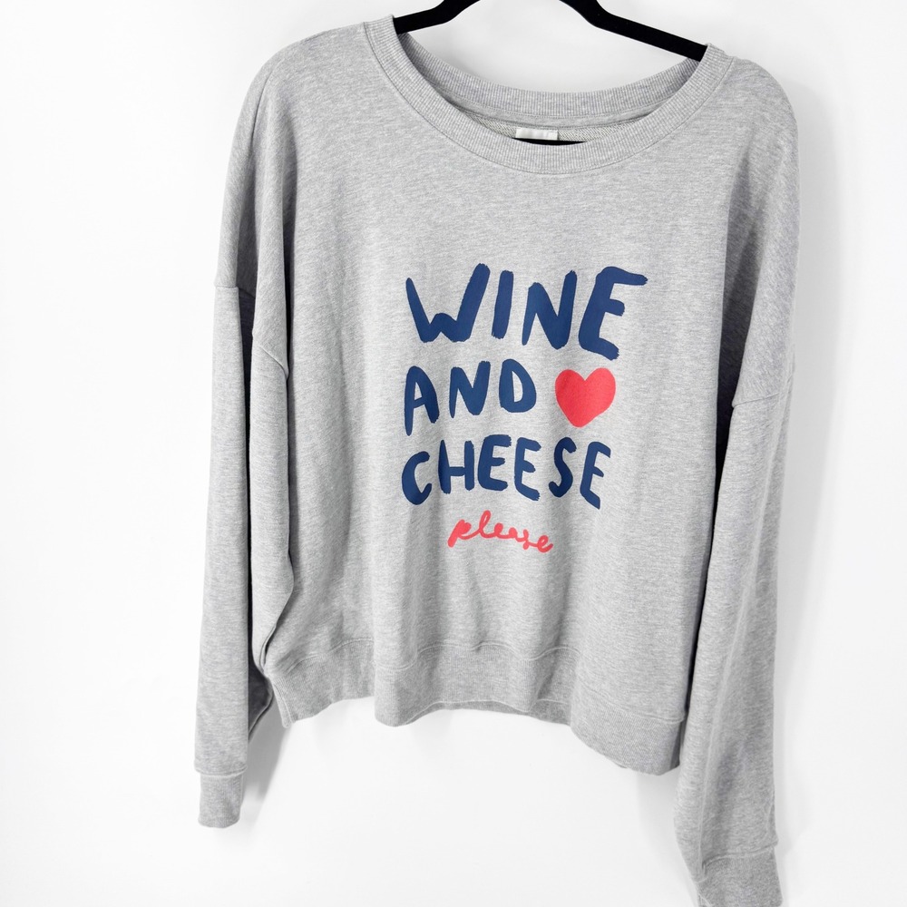 Anthropologie Maeve Wine and Cheese Please Sweatshirt Grey XL Jordan Nelsen